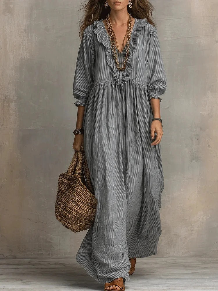 Robe Rayée Volants Col V