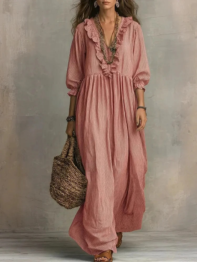 Robe Rayée Volants Col V