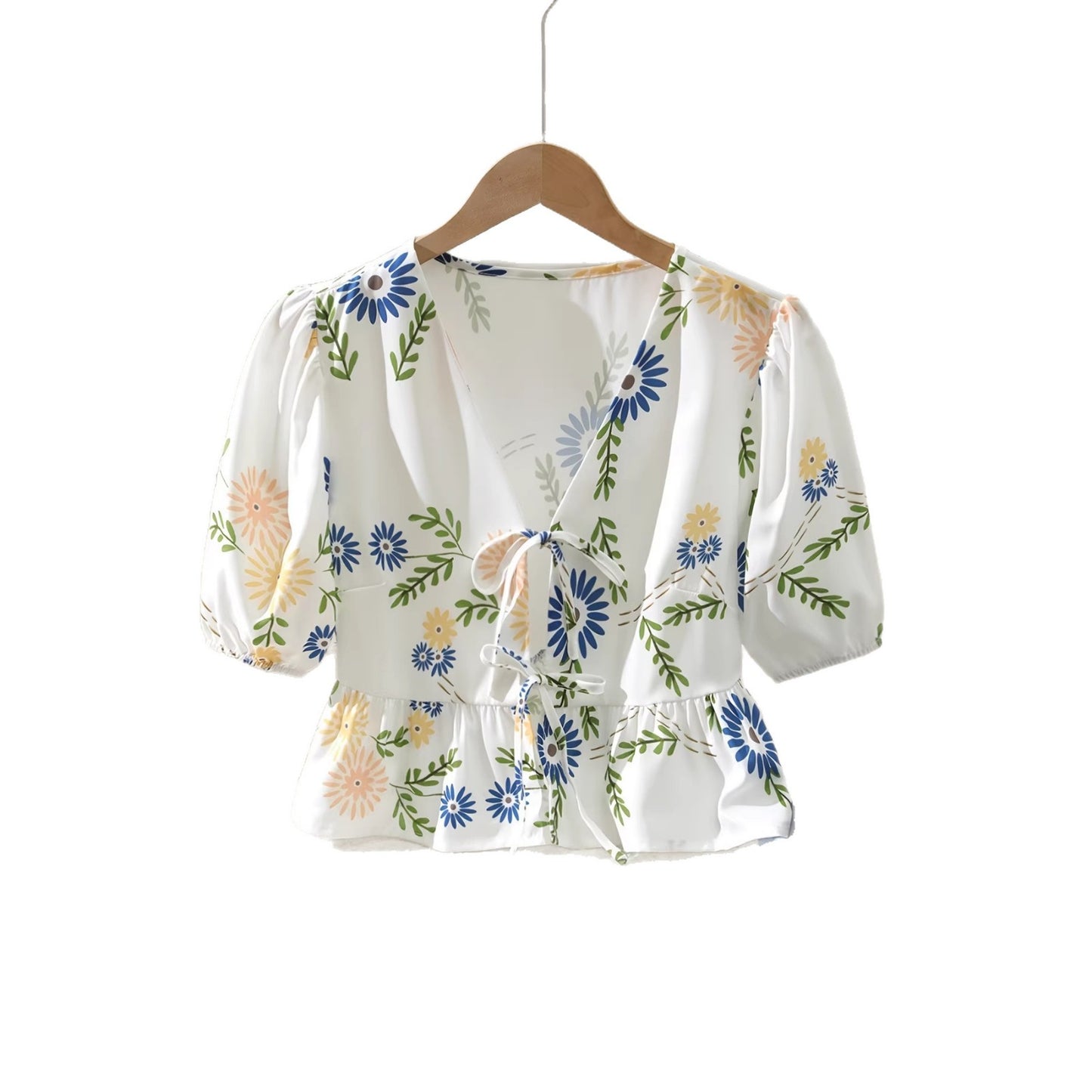 Top Fleuri Col V Volants