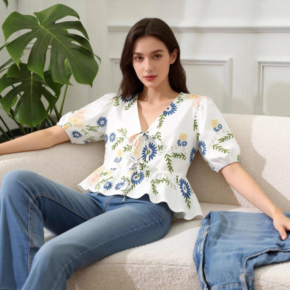 Top Fleuri Col V Volants