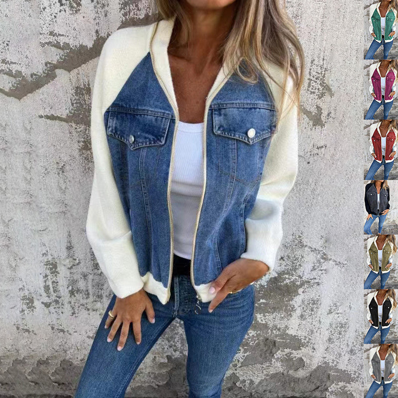 Veste Patchwork en Denim à Capuche Zippée