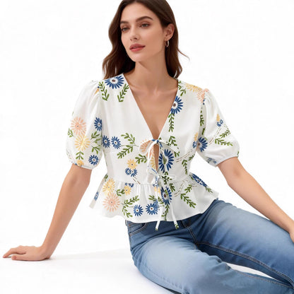 Top Fleuri Col V Volants