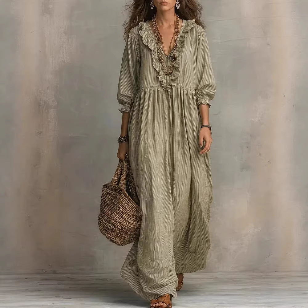 Robe Rayée Volants Col V