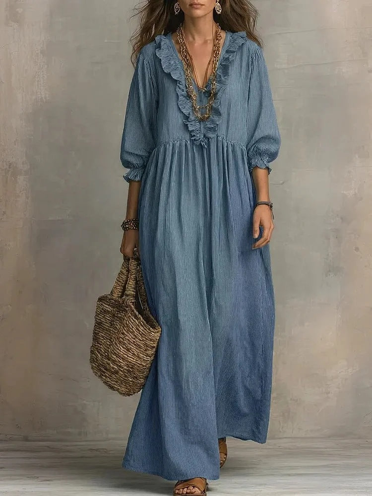 Robe Rayée Volants Col V