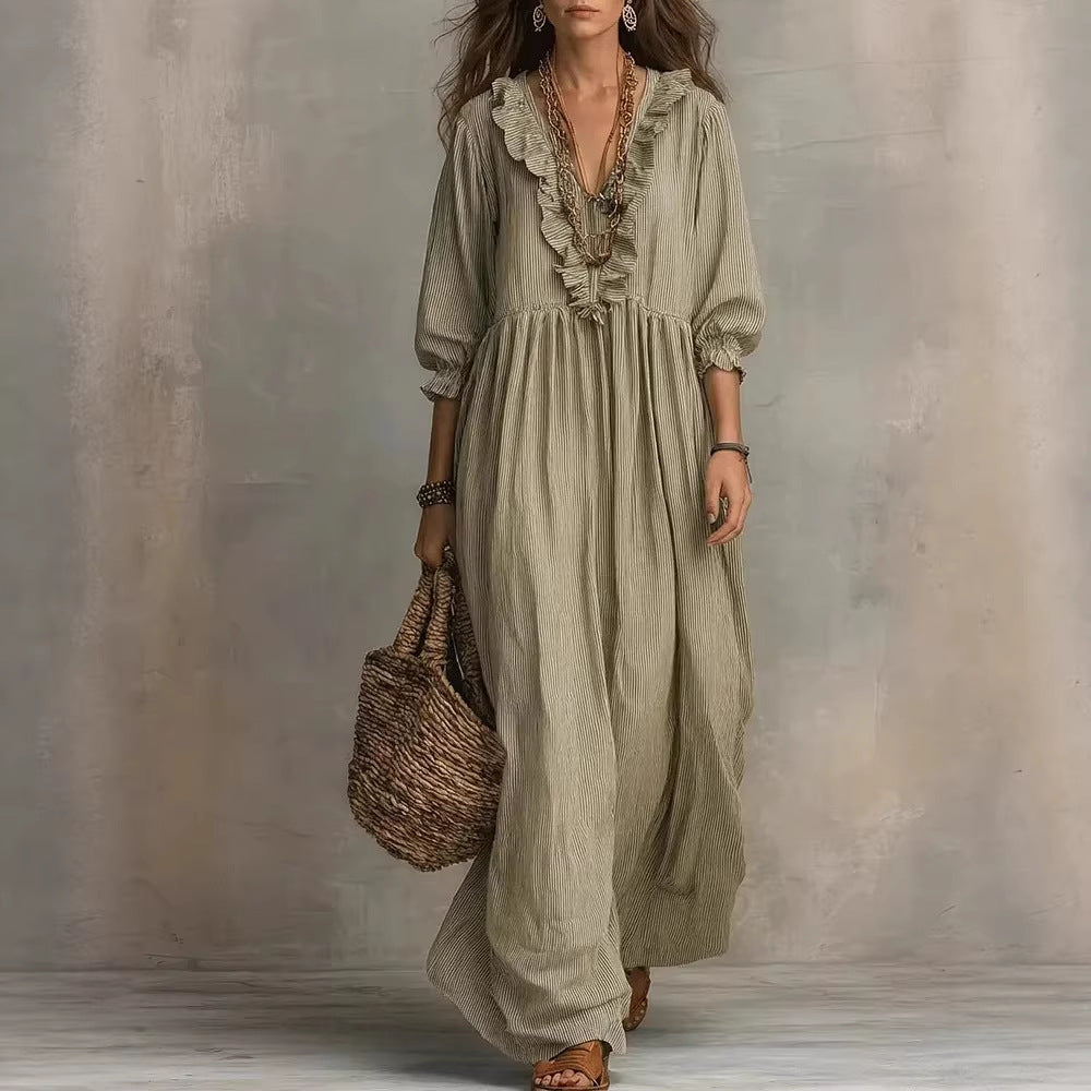 Robe Rayée Volants Col V