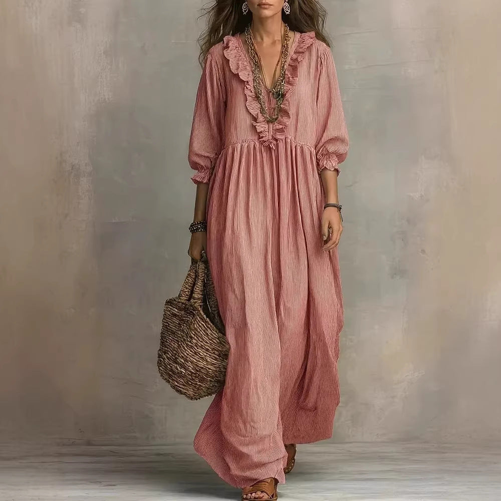 Robe Rayée Volants Col V