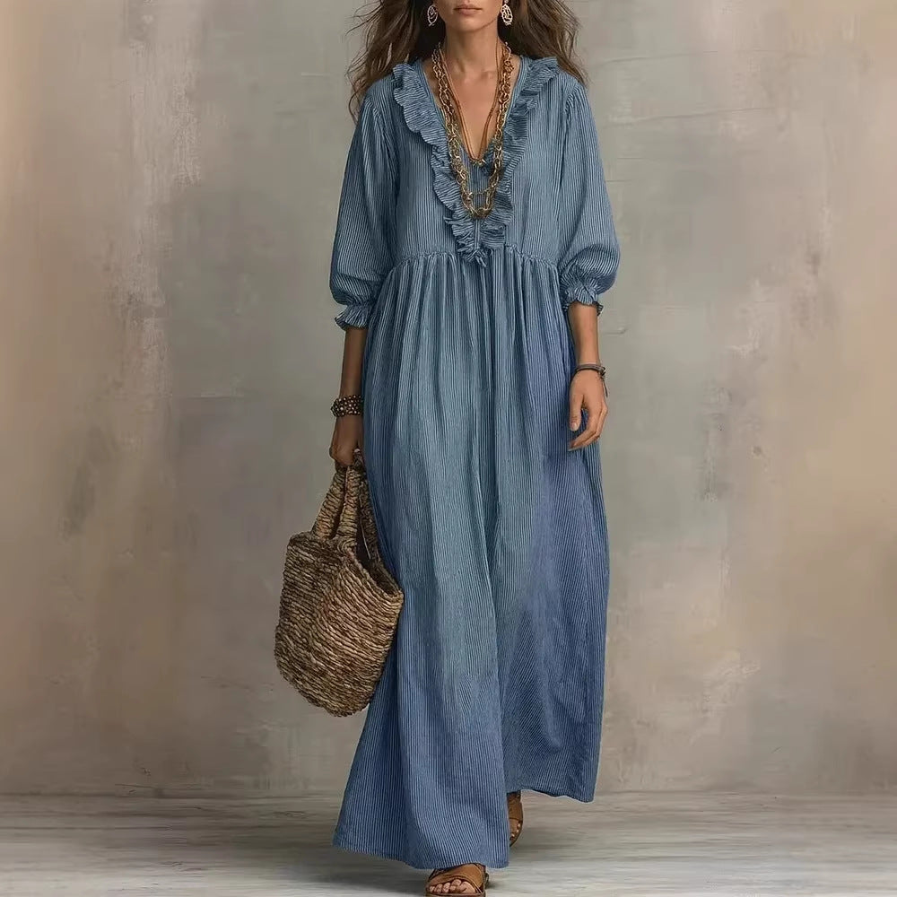 Robe Rayée Volants Col V