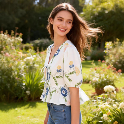 Top Fleuri Col V Volants