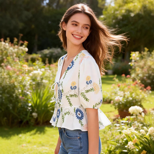 Top Fleuri Col V Volants